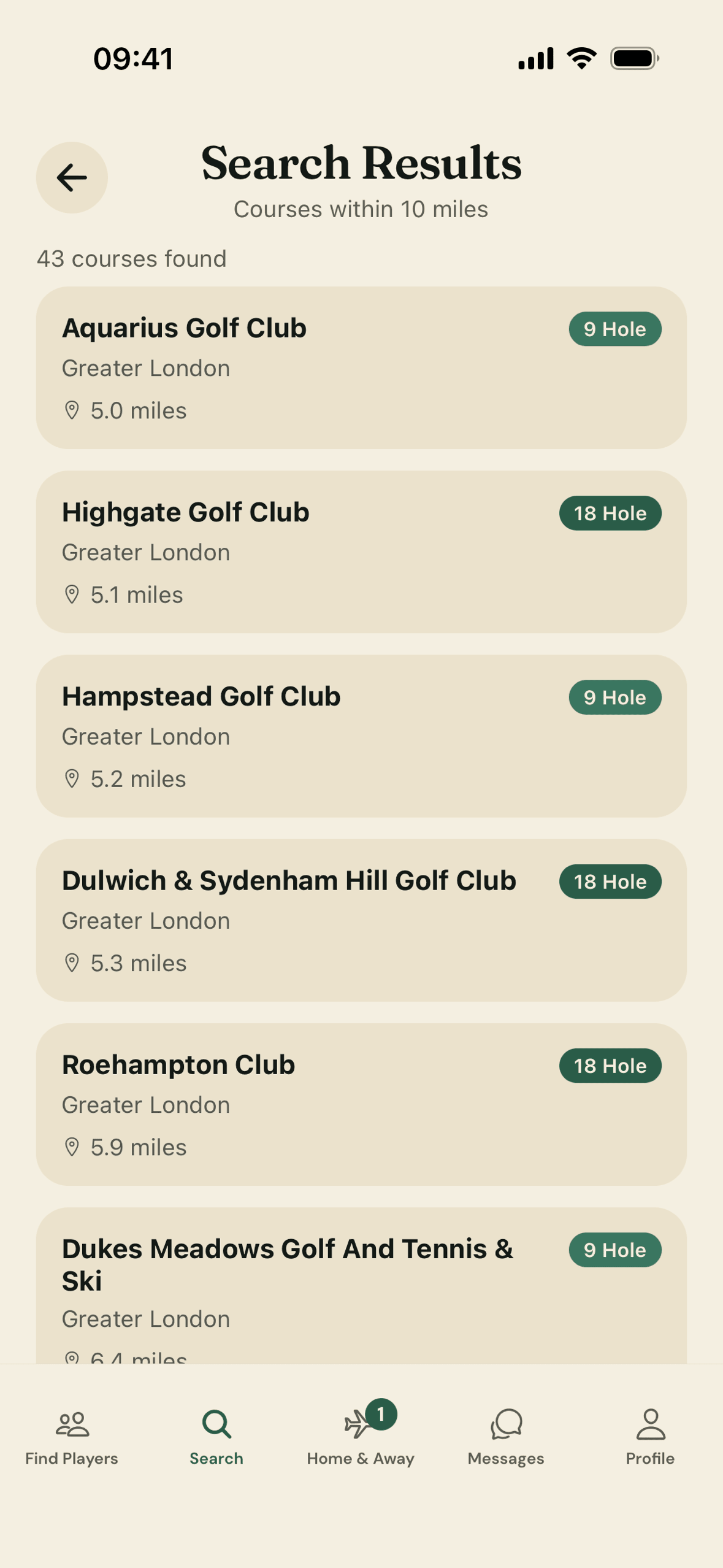 Course search results screen